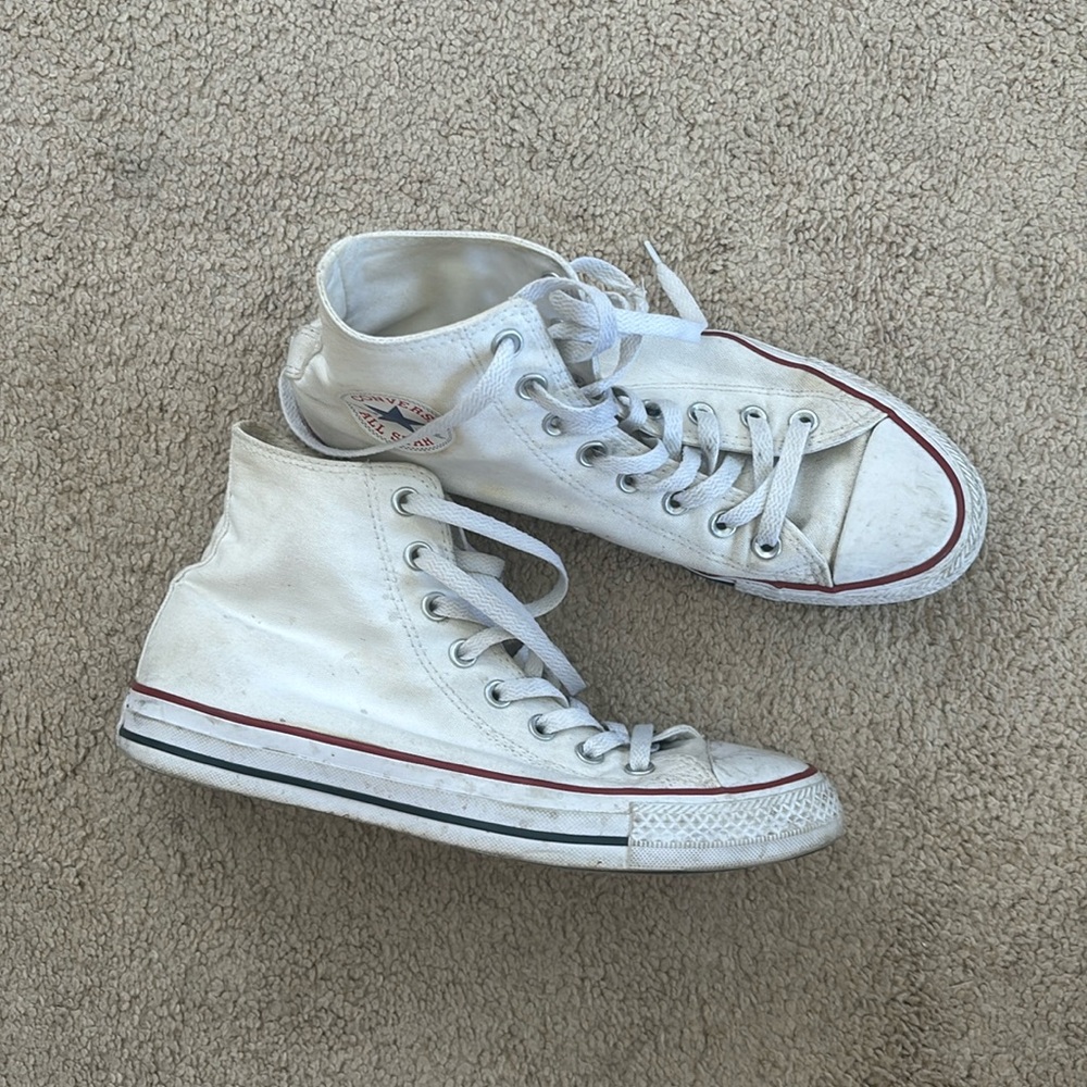 Red white and blue high top Converse